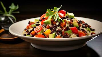 Photo of Quinoa and Black Bean Salad as a dish in a high-end restaurant. Generative AI