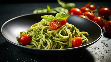 foto de pesto pasta con Cereza Tomates como un plato en un gama alta restaurante. generativo ai