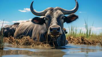 Photo of a Water Buffalo in the Farmland. Generative AI