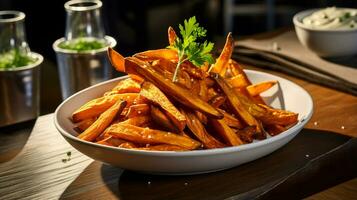 foto de dulce patata papas fritas como un plato en un gama alta restaurante. generativo ai