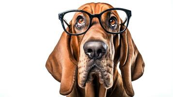 Photo of a Bloodhound dog using eyeglasses isolated on white background. Generative AI