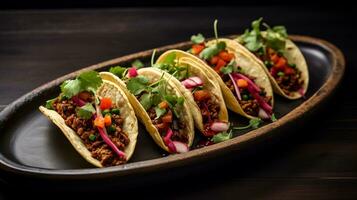 foto de vegano tacos como un plato en un gama alta restaurante. generativo ai