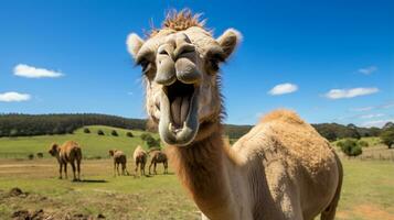 Photo of a Camel in the Farmland. Generative AI