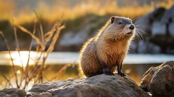 Close-up photo of a Nutria looking in their habitat. Generative AI