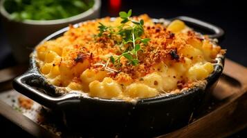 Photo of Baked Macaroni and Cheese as a dish in a high-end restaurant. Generative AI