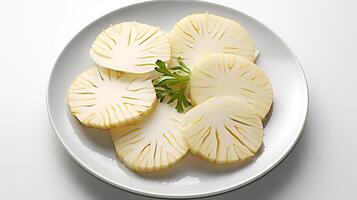 Photo of sliced Celeriac on plate isolated on white background. generative ai