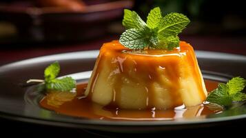 foto de Coco Flan como un plato en un gama alta restaurante. generativo ai