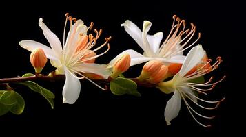 Photo of beautiful Honeysuckle flower isolated on white background. Generative AI