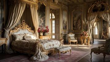 Photo of the bedroom of the Palace of Versaille, France. Generative AI