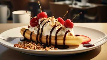 Photo of Banana Split as a dish in a high-end restaurant. Generative AI