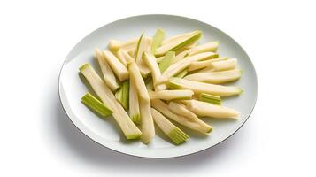 Photo of Bamboo shoots sliced pieces isolated on white background. generative ai