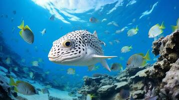 Photo of Pufferfish with various fish between healthy coral reefs in the blue ocean. Generative AI