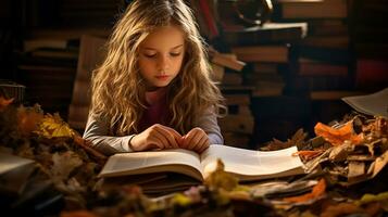 pequeño niña leyendo un libro en el biblioteca con otoño hojas alrededor su. generativo ai foto