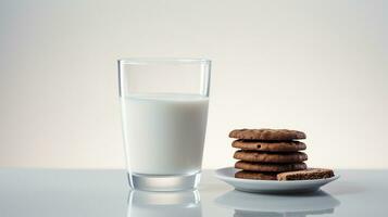 Photo of a glass of milk with chocolate biscuits on a minimalist table