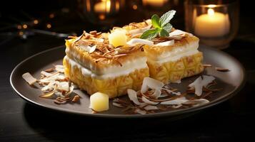 Photo of Pineapple-Coconut Bars as a dish in a high-end restaurant. Generative AI