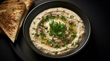 Photo of Baba Ghanoush as a dish in a high-end restaurant. Generative AI