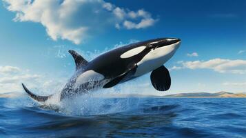 Photo of a Killer Whale under Blue Sky. Generative AI