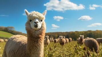 Photo of a Alpaca in the Farmland. Generative AI