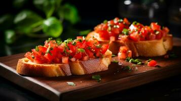 Photo of Bruschetta with Fresh Tomatoes as a dish in a high-end restaurant. Generative AI