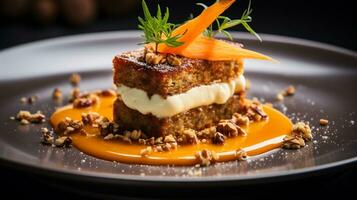 Photo of Carrot Cake as a dish in a high-end restaurant. Generative AI