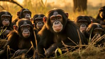 Photo of a herd of Chimpanzee resting in an open area on the Savanna. Generative AI