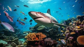 Photo of Hammerhead Shark with various fish between healthy coral reefs in the blue ocean. Generative AI