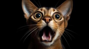 Close-up Photo of a funny shocked Abyssinian sticking out his tongue isolated on a black background. Generative AI