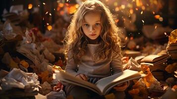 pequeño niña leyendo un libro en el biblioteca con otoño hojas alrededor su. generativo ai foto