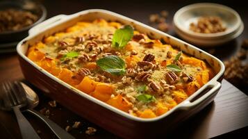 Photo of Sweet Potato Casserole as a dish in a high-end restaurant. Generative AI