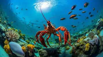 Photo of Lobster with various fish between healthy coral reefs in the blue ocean. Generative AI