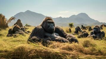 Photo of a herd of Gorilla resting in an open area on the Savanna. Generative AI