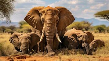 Photo of a herd of African Elephant resting in an open area on the Savanna. Generative AI