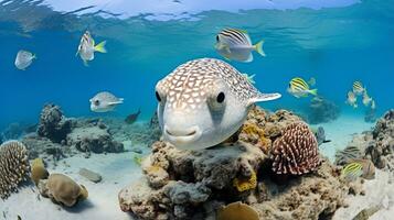 foto de pez globo con varios pescado Entre sano coral arrecifes en el azul océano. generativo ai