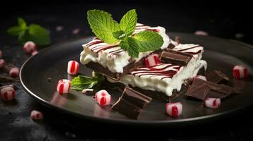 Photo of Peppermint Bark as a dish in a high-end restaurant. Generative AI