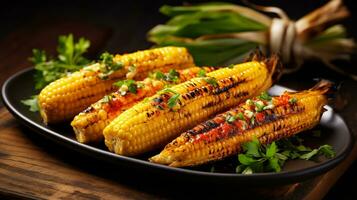 foto de A la parrilla maíz en el mazorca como un plato en un gama alta restaurante. generativo ai
