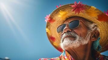 Old man using Colombia hat and sunglasses when celebrates Dia de la Raza. Generative AI photo