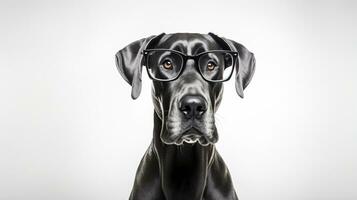 Photo of a Great Dane dog using eyeglasses isolated on white background. Generative AI