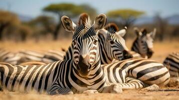 Photo of a herd of Zebra resting in an open area on the Savanna. Generative AI