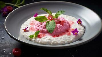 Photo of Rose Water Rice Pudding - Roz Bel Laban as a dish in a high-end restaurant. Generative AI