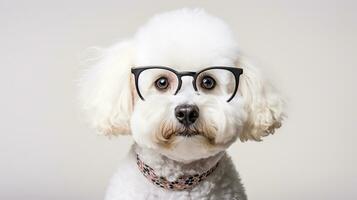 Photo of a Bichon Frise dog using eyeglasses isolated on white background. Generative AI