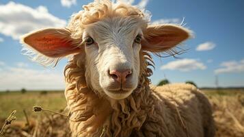 Close-up photo of a Sheep looking any direction. Generative AI