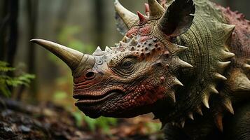 Close-up photo of a Triceratops looking in their habitat. Generative AI