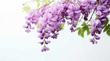 Photo of beautiful Wisteria flower isolated on white background. Generative AI