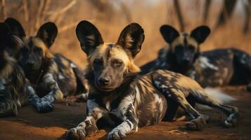 Photo of a herd of African Wild Dog resting in an open area on the Savanna. Generative AI