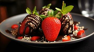 foto de chocolate cubierto fresas como un plato en un gama alta restaurante. generativo ai