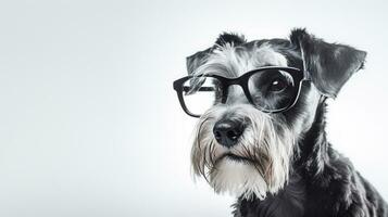 Photo of a Miniature Schnauzer dog using eyeglasses isolated on white background. Generative AI