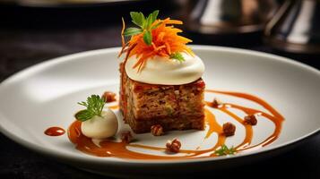 Photo of Carrot Cake as a dish in a high-end restaurant. Generative AI