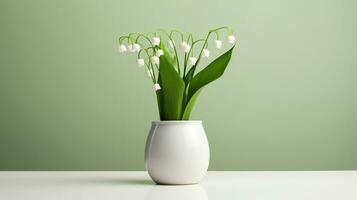 Photo of Lily of the Valley flower in pot isolated on white background. Generative AI