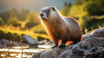 Close-up photo of a Marmot looking in their habitat. Generative AI