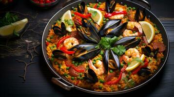 foto de Mariscos paella como un plato en un gama alta restaurante. generativo ai